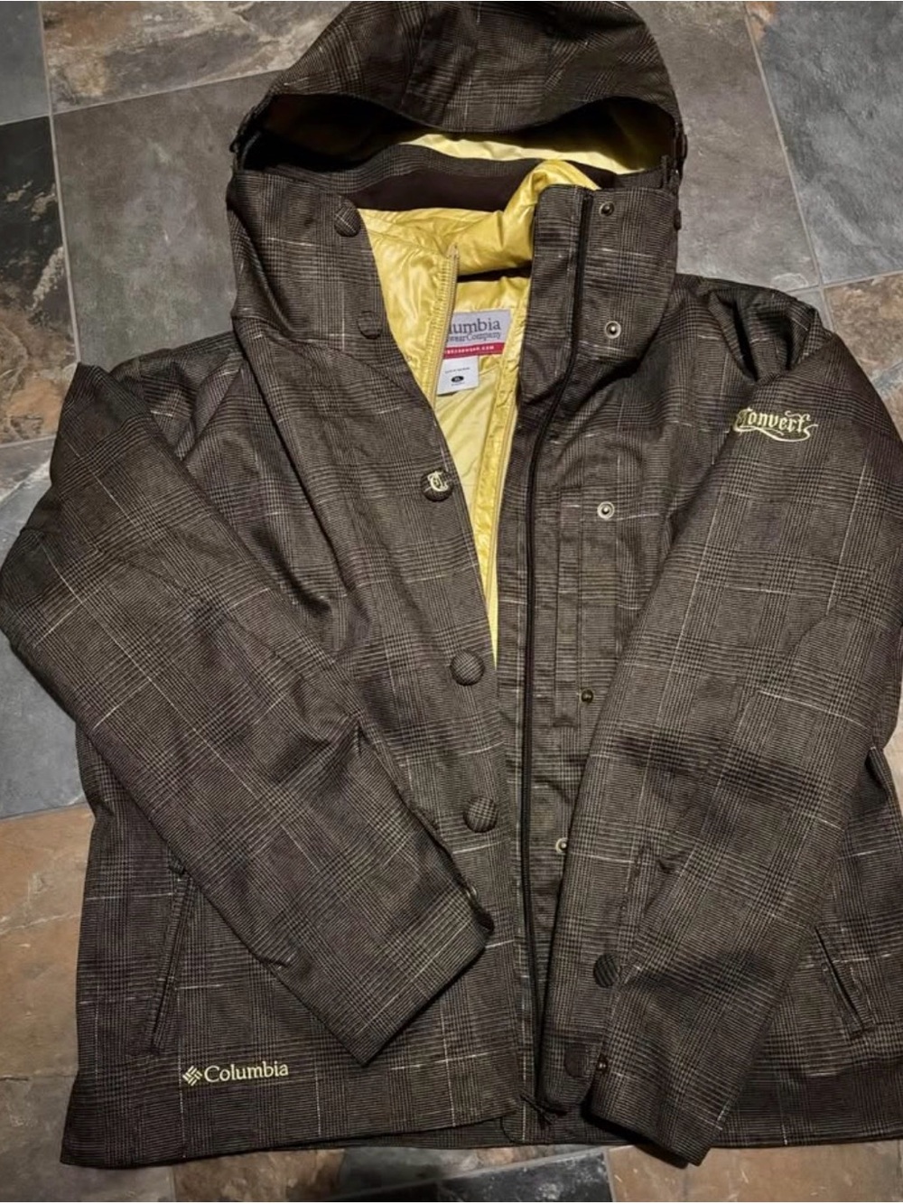Columbia Women's Brown Plaid Ski Jacket with Yellow Lining